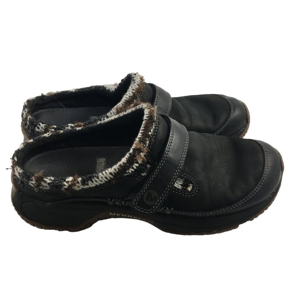 MERRELL ENCORE SCOOP BLACK LEATHER KNIT CUFF ORTHOLITE CLOGS J66236 WOMENS 7 - Picture 3 of 8